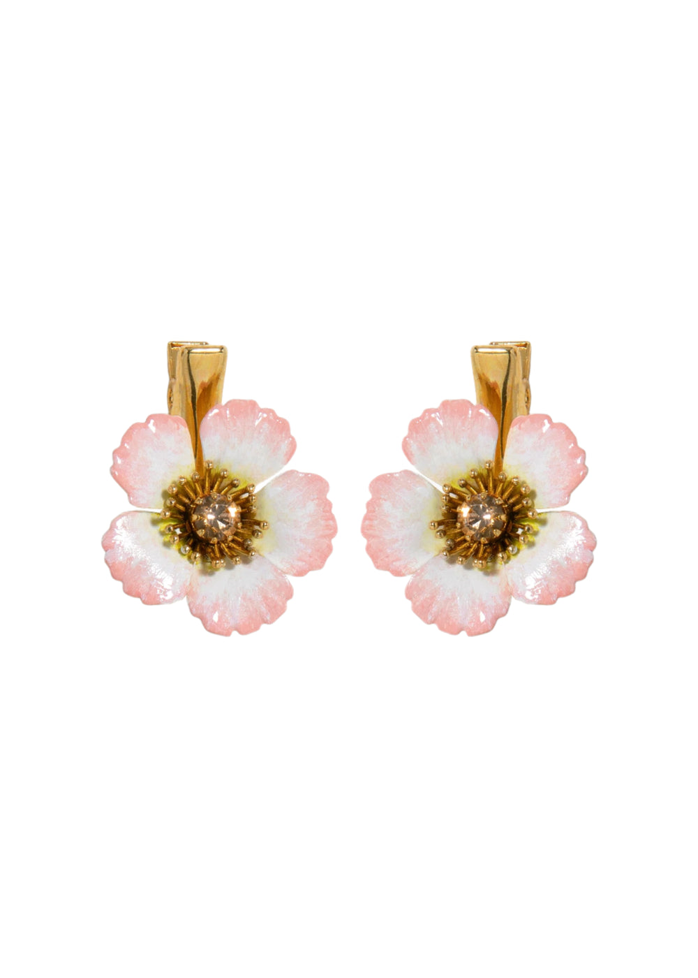 Front view of Debbie hair clips showcasing blush pink enamel flowers with gold tone centers on white background