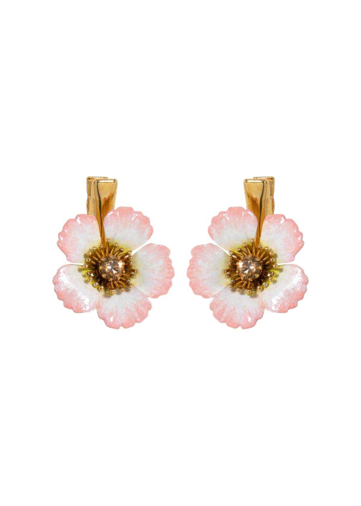 Front view of Debbie hair clips showcasing blush pink enamel flowers with gold tone centers on white background