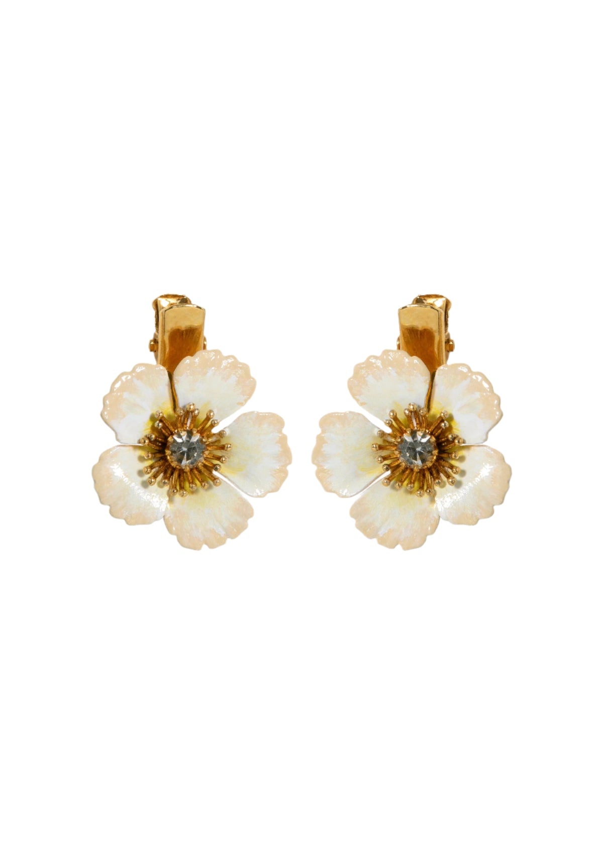 Front view of Debbie Hair Clips in Champagne, a set of two with hand-painted flowers and crystal centers on white