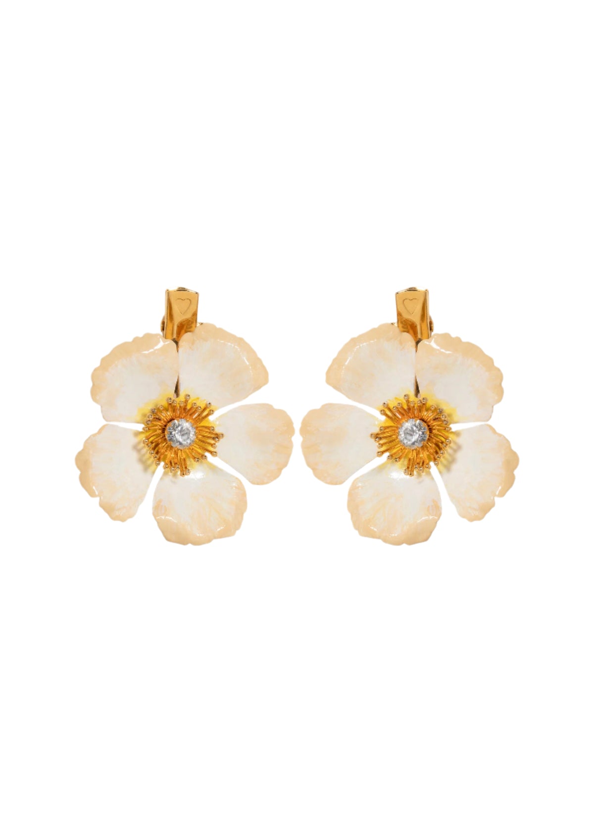 Front view of Debreanna Hair Clips in Champagne showing two hand-painted blooms with crystal centers and gold clips on white
