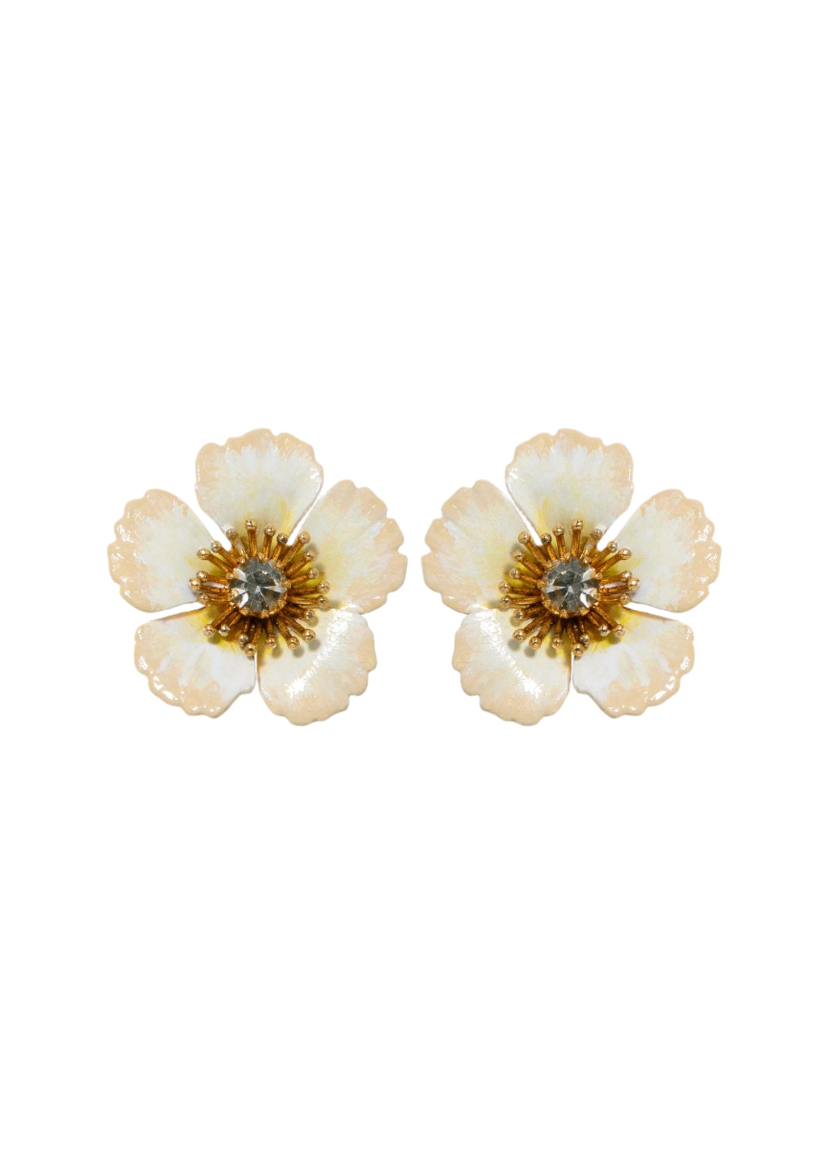 Front view of Deb Earrings in Champagne showcasing flower shapes, sculptural stamens, crystal centers, and a white background