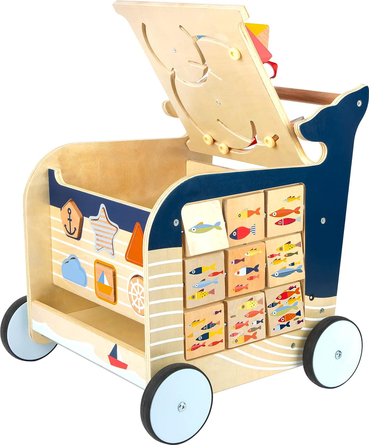 Angled view of Navy Whale Theme 5-in-1 Baby Walker showcasing fish blocks and ocean graphics on a white background