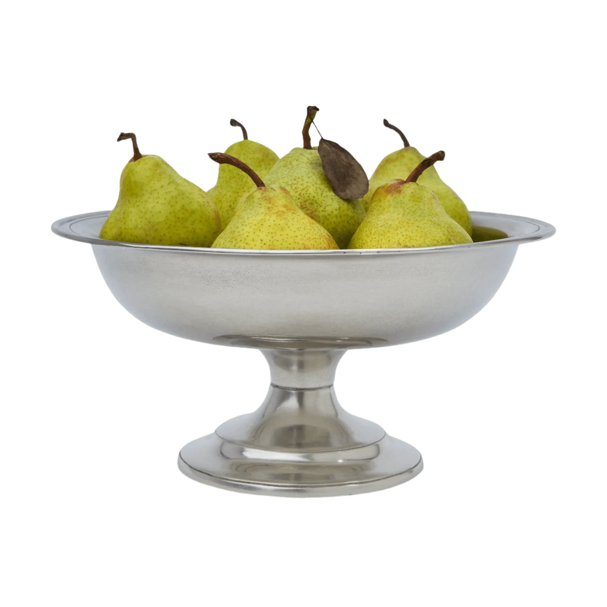 Front view of Lucca Centerpiece bowl showcasing a raised pewter pedestal and pears with a white background