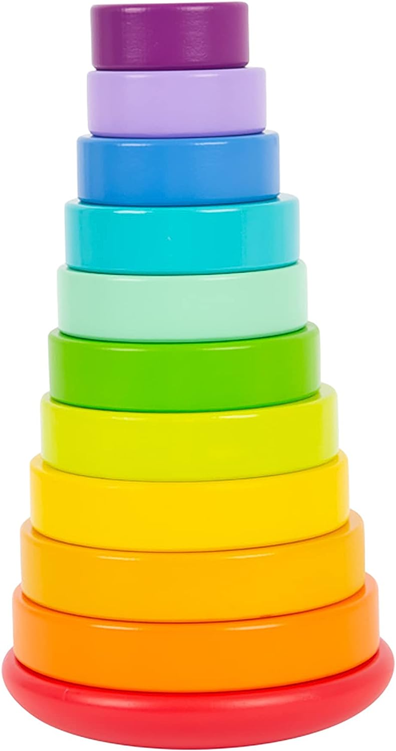 Front view of Wooden Large Rainbow Stacking Tower showcasing 11 colorful graduated rings on a wooden peg with a white background