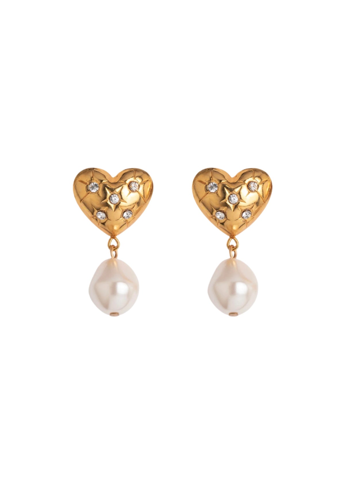 Front view of Hayden Earrings in Crystal Antique Gold showcasing crystal studded heart tops and dangling baroque pearls on white background