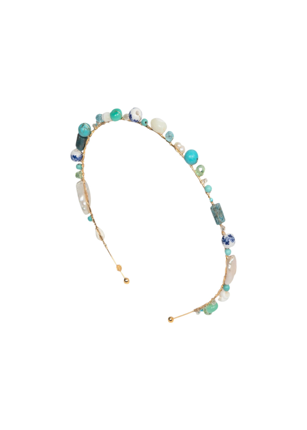 Angled view of Marietta headband in Ocean showcasing turquoise and pearl beads with gold-tone wire on white background