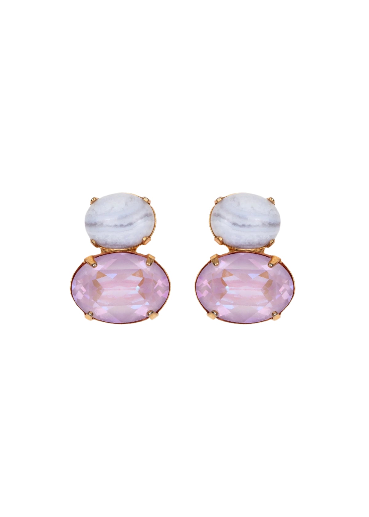 Front view of Yvette Earrings in Agate showcasing pale blue banded stones and faceted pink crystals on a white background