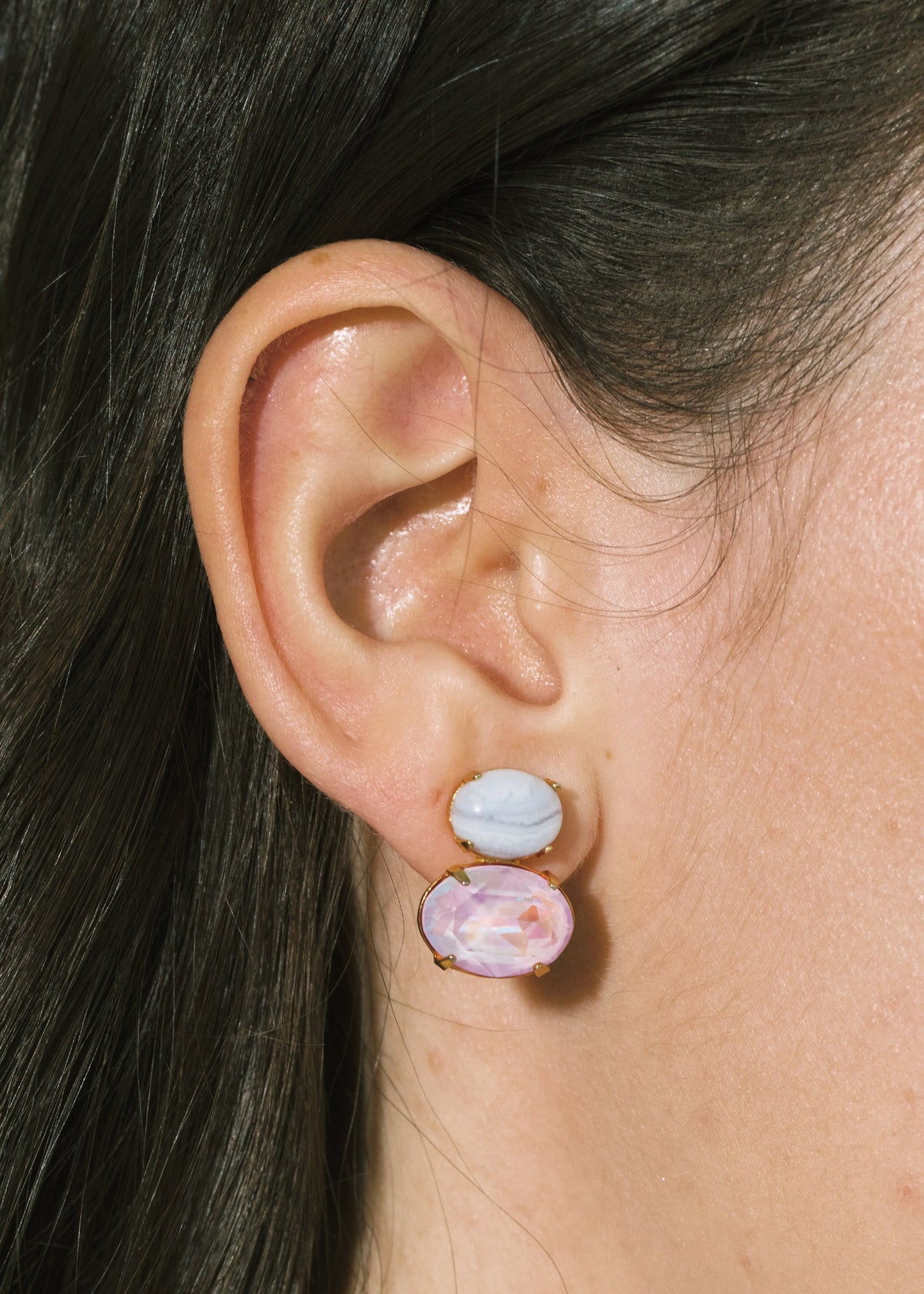 Close-up side view of Yvette Earrings in Agate showcasing blue lace agate and faceted crystals on a model’s ear