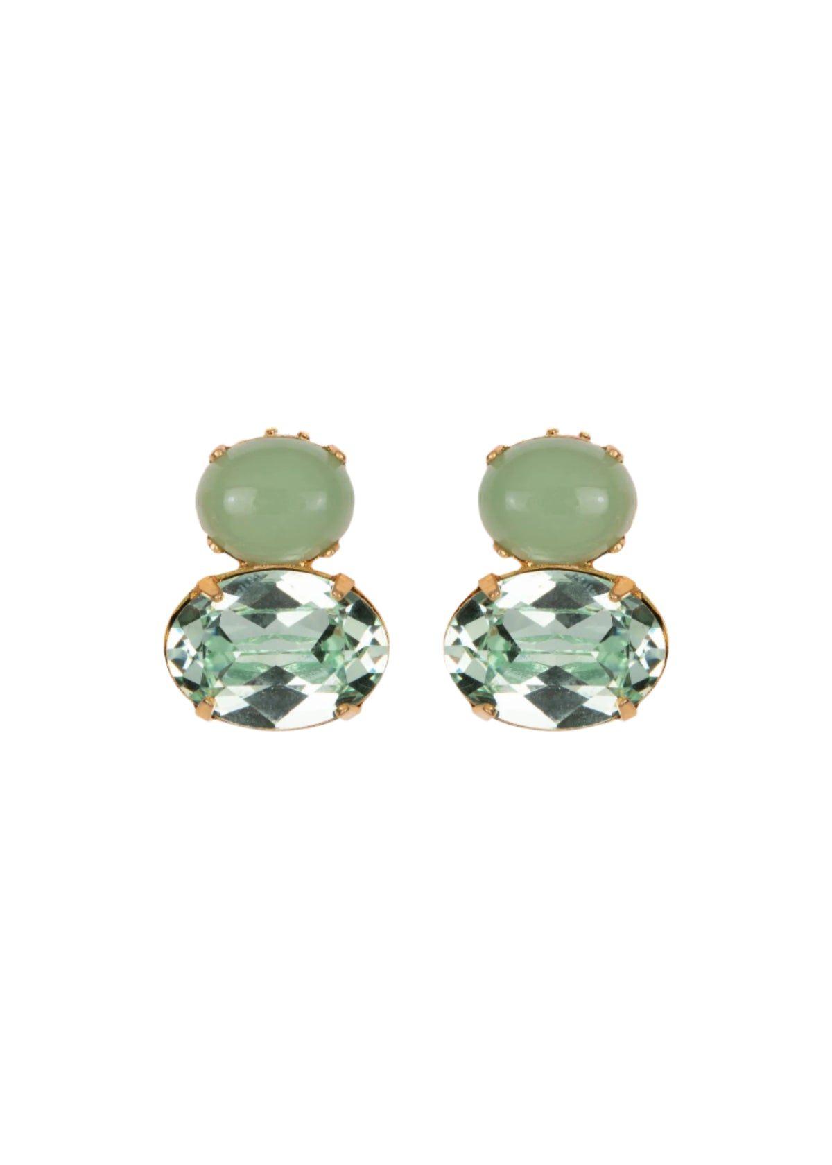 Front view of Yvette Earrings in Chalcedony showcasing oval chalcedony gemstones and faceted crystals on a white background