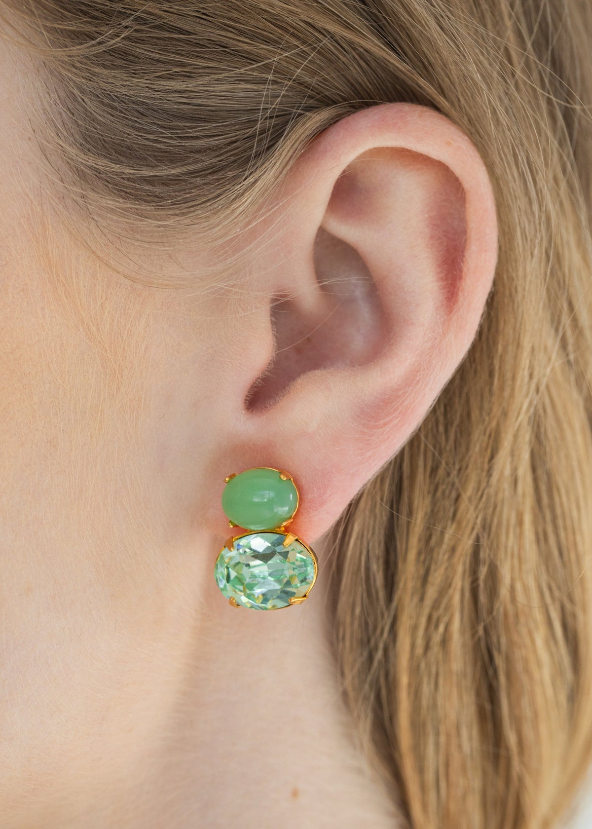 Close-up side view of Yvette Earrings in Chalcedony showcasing a gemstone and faceted crystal on an ear