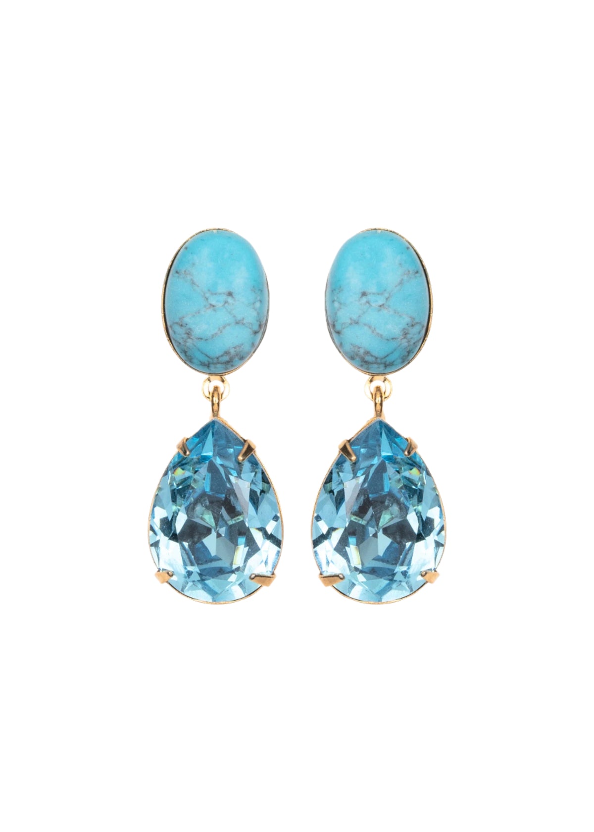 Front view of Linette Earrings in Turquoise showcasing genuine turquoise studs and pear-shaped crystal drops on a white background