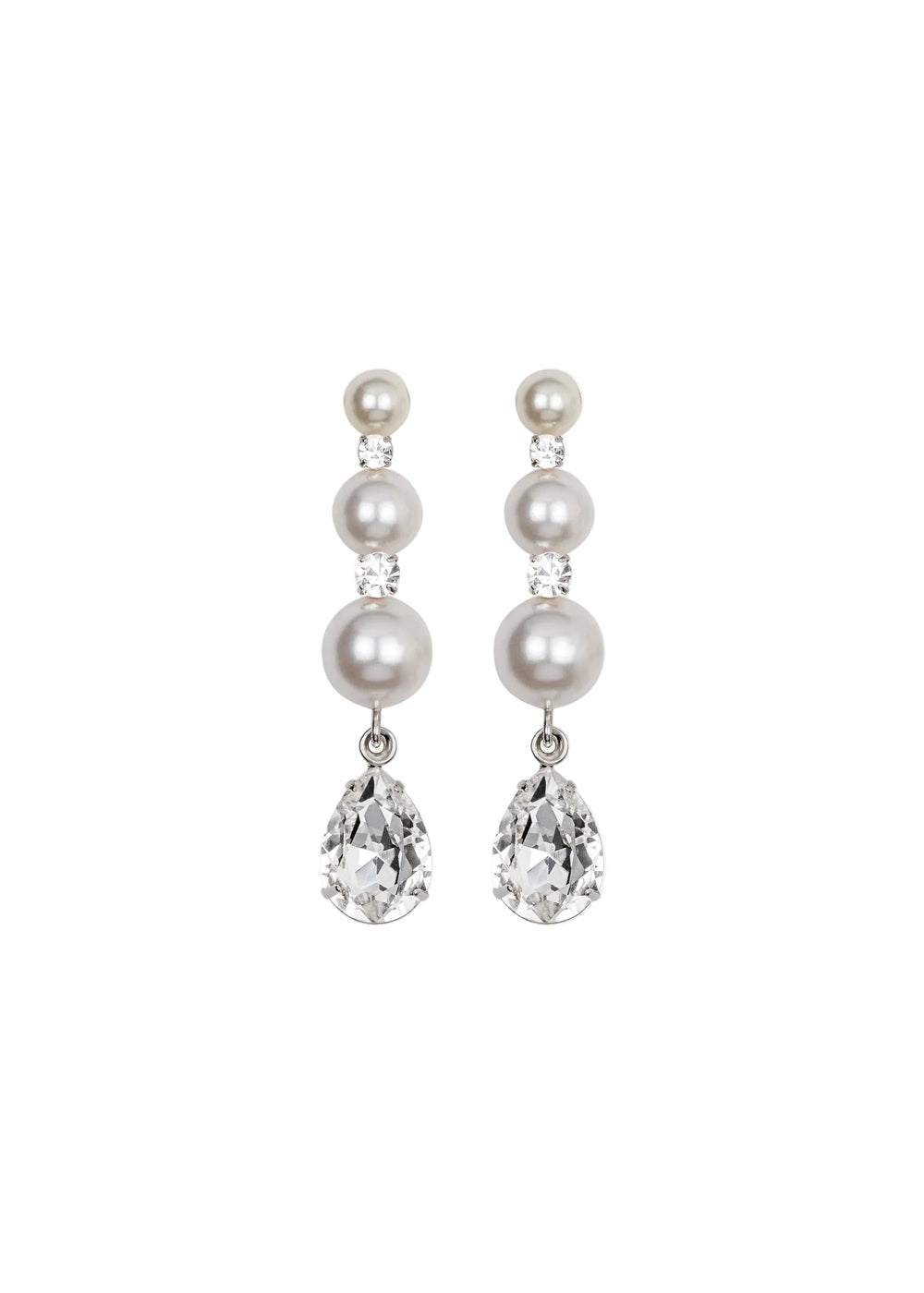 Front view of Corisande silver earrings showing three stacked crystal pearls, small round crystals, and pear-cut drops on white background