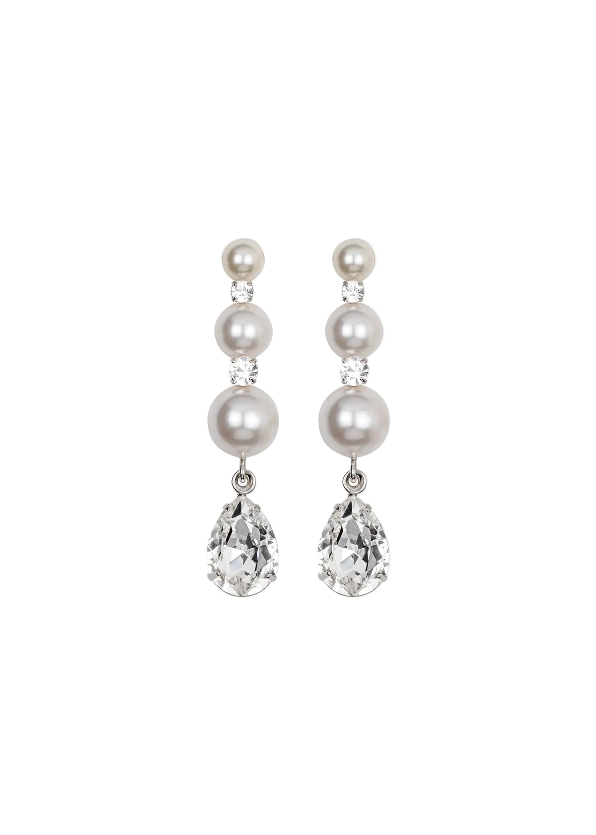 Front view of Corisande silver earrings showing three stacked crystal pearls, small round crystals, and pear-cut drops on white background