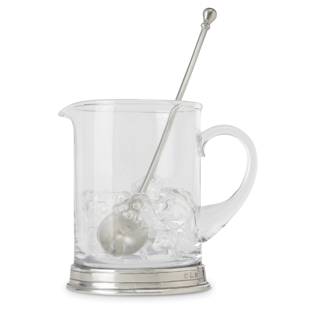 Front view of Branch Bar pitcher and cocktail stirrer showcasing clear crystal glass, pewter base and matching pewter stirrer on white background