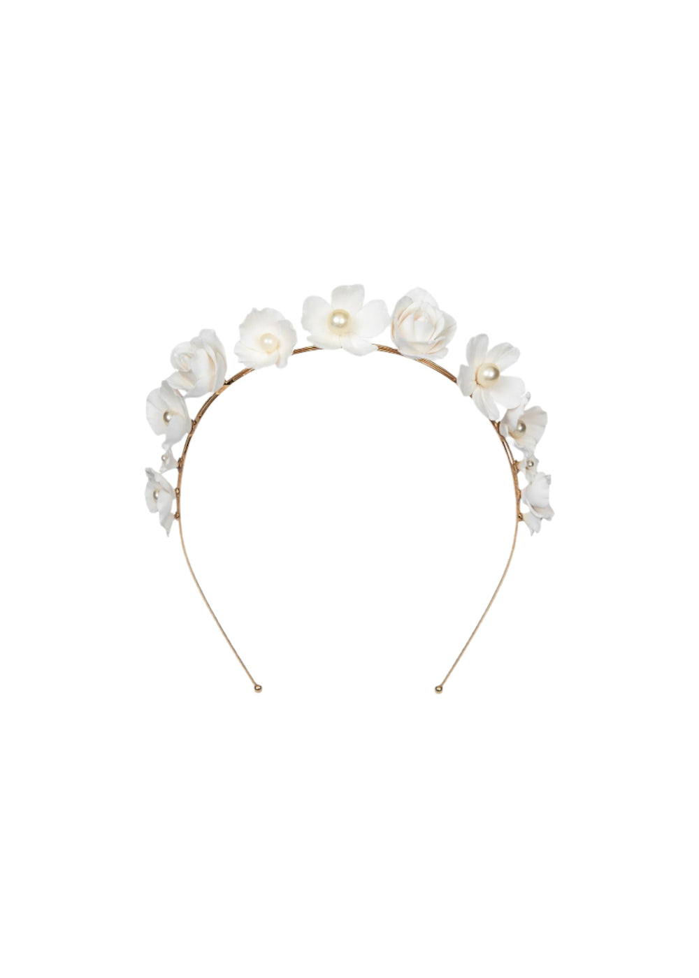 Front view of Karissa headband showcasing cream floral appliqués with faux pearl centers on a gold band against white background