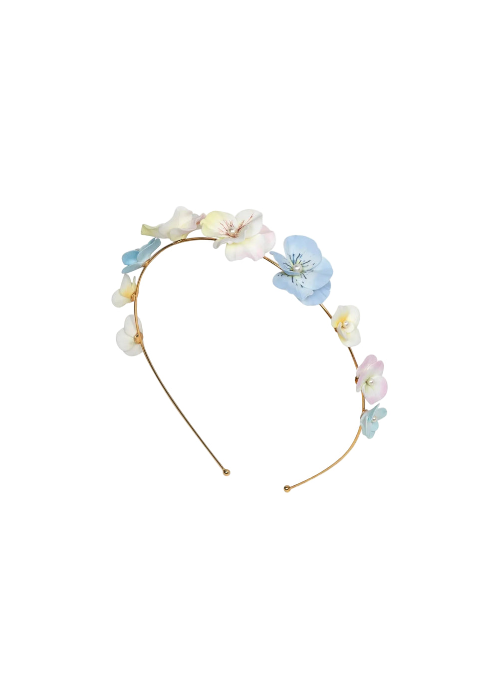 Angled view of Anarosa Headband showcasing pastel clay florals on a gold flexible band on white background