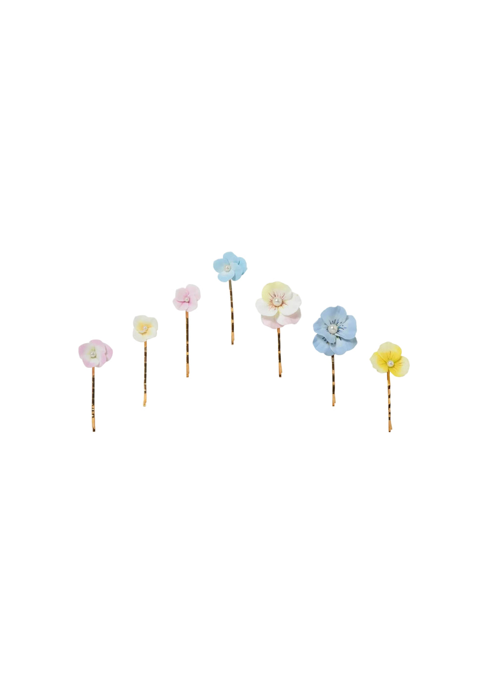 Front view of set of 7 Anarosa floral bobby pins with pastel hand formed clay flowers and pearl centers on white background