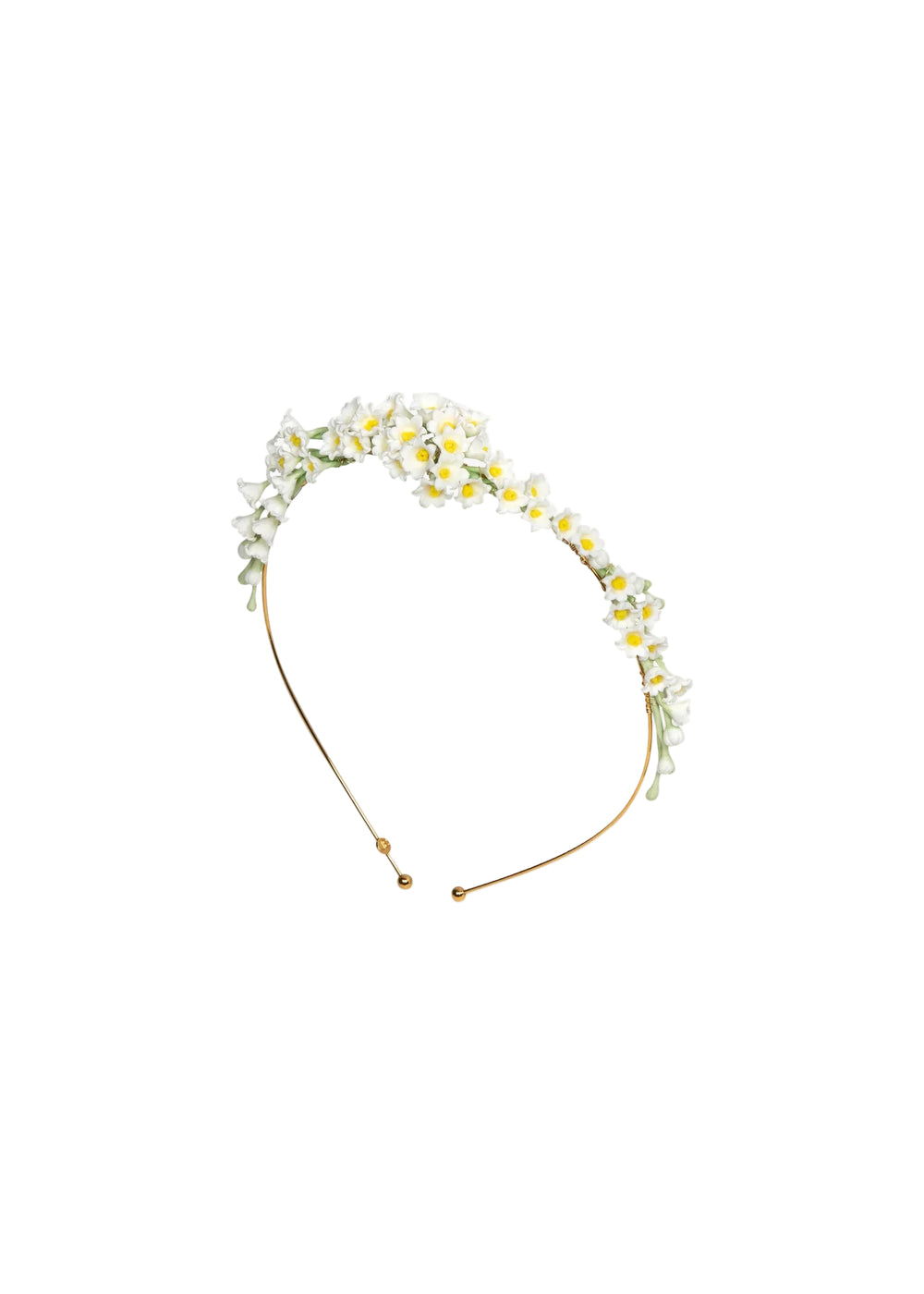 Front view of Victoria headband in Lily showcasing white clay lily-of-the-valley flowers with yellow centers on a gold band