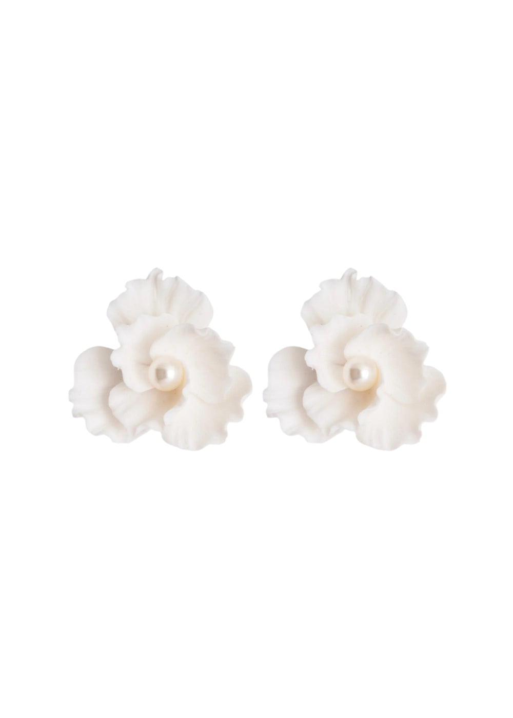 Front view of Karissa floral stud earrings in cream showcasing ruffled flower design with pearl centers on white background