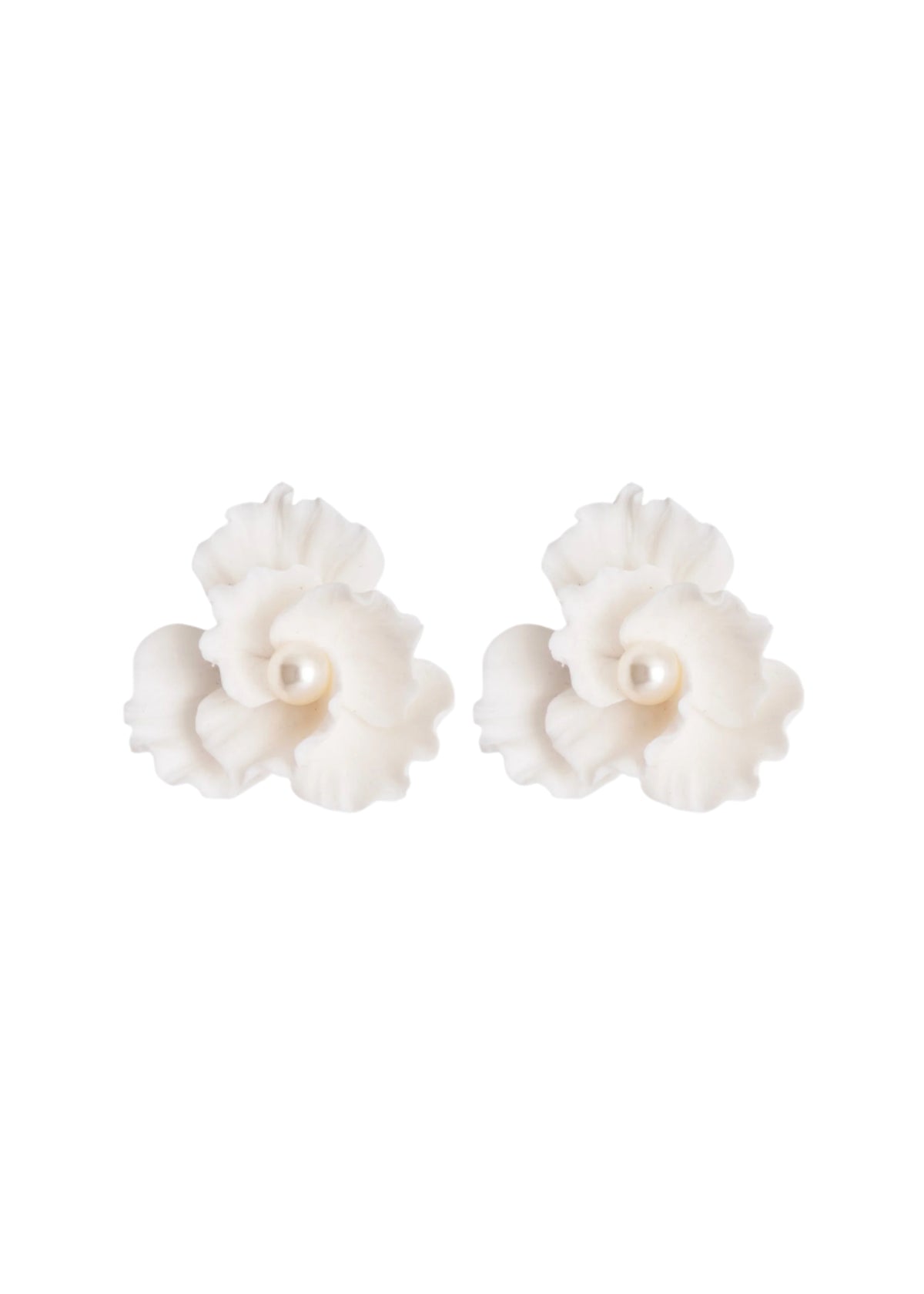 Front view of Karissa floral stud earrings in cream showcasing ruffled flower design with pearl centers on white background
