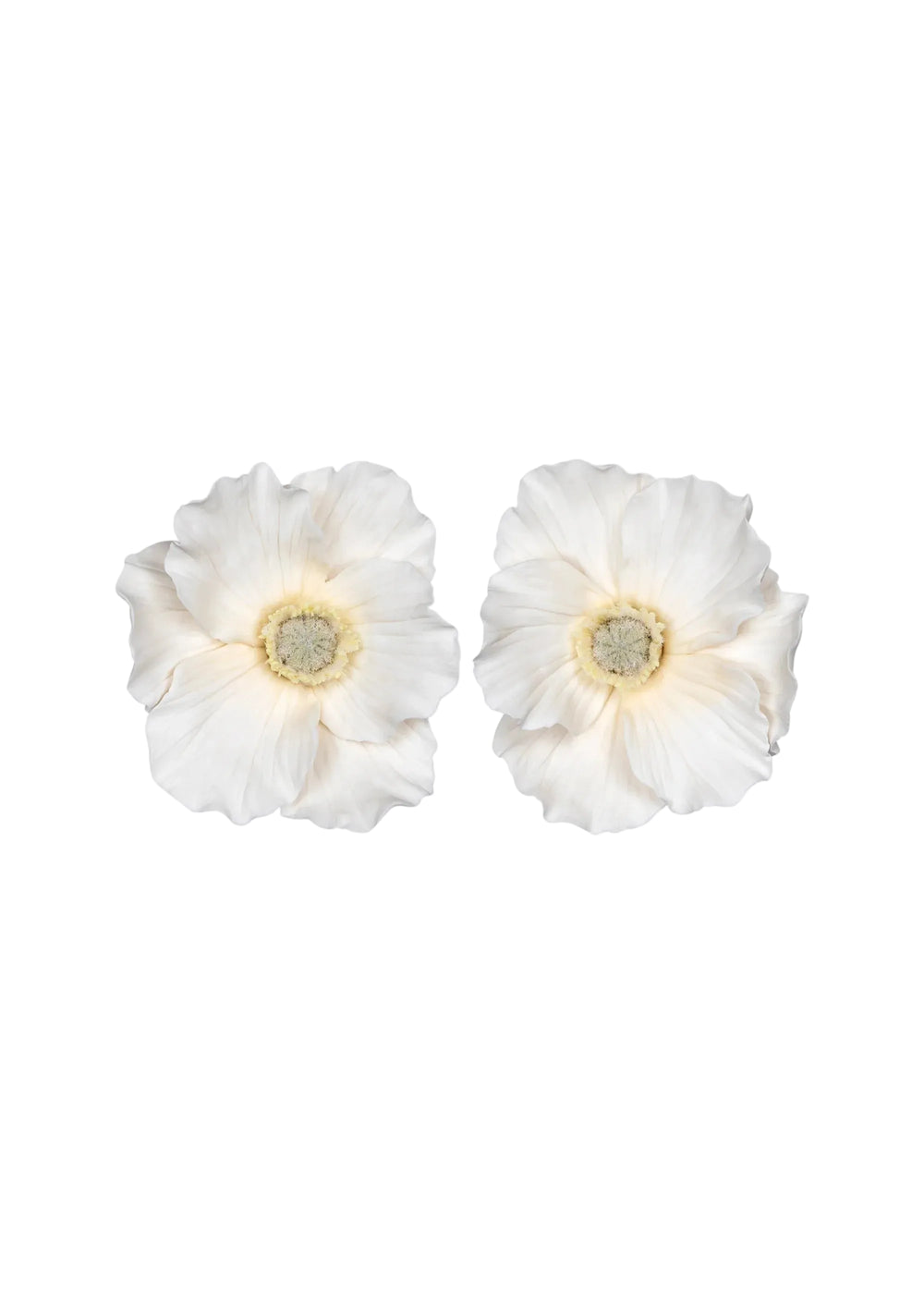 Front view of Demetria earrings in cream, pair of hand-formed clay flowers with ruffled petals on white background