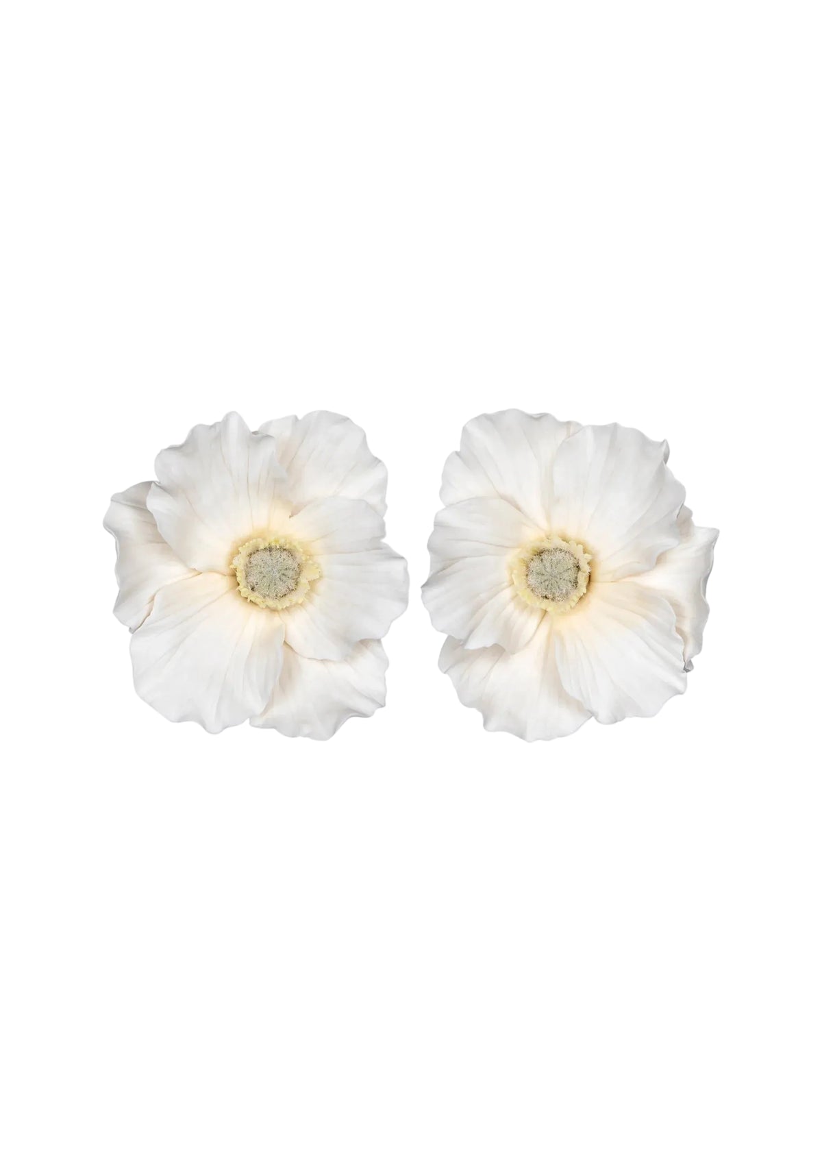 Front view of Demetria earrings in cream, pair of hand-formed clay flowers with ruffled petals on white background