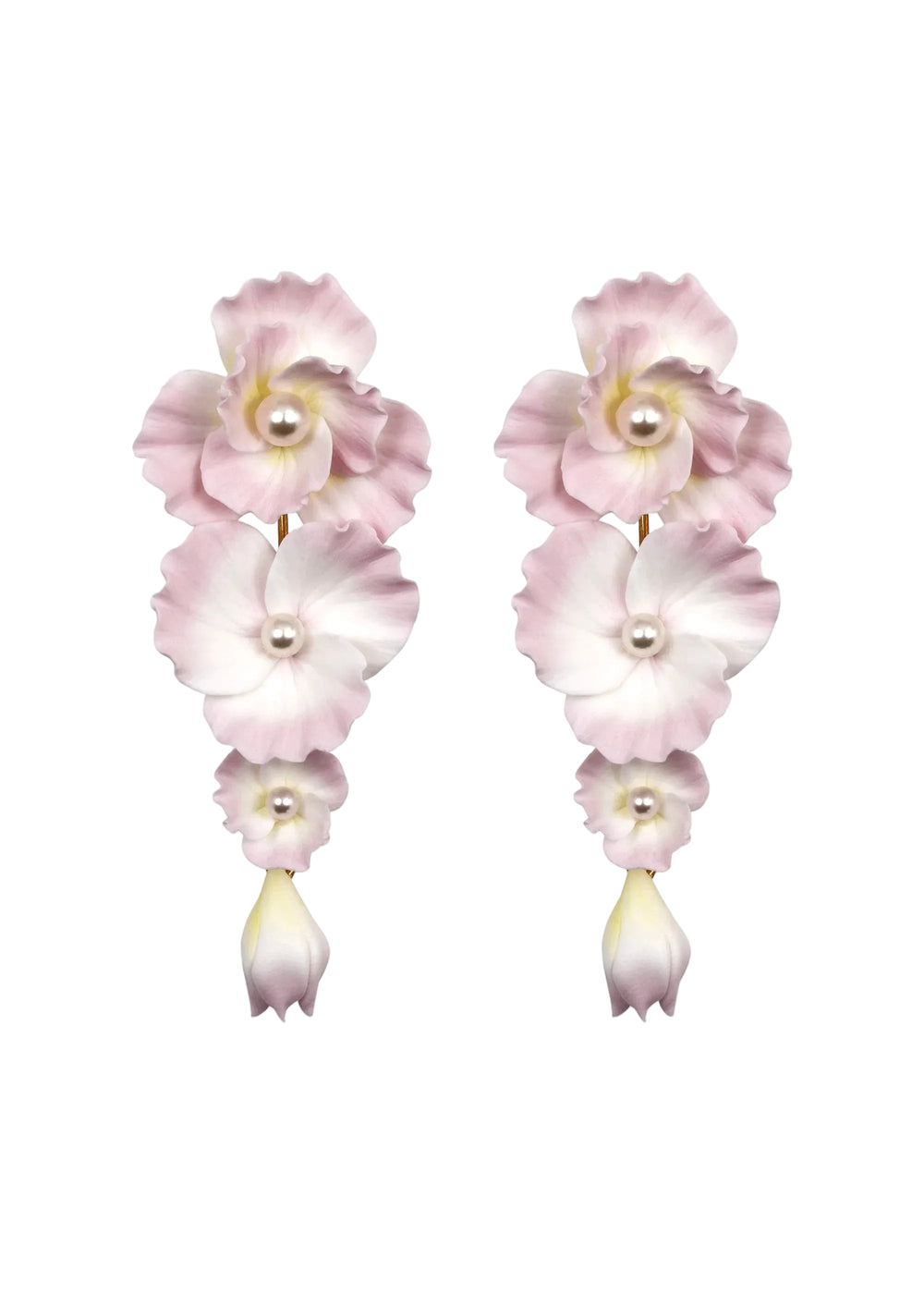 Front view of Mariam earrings showcasing stacked peony-pink polymer clay flowers with pearl centers and drop bud on white