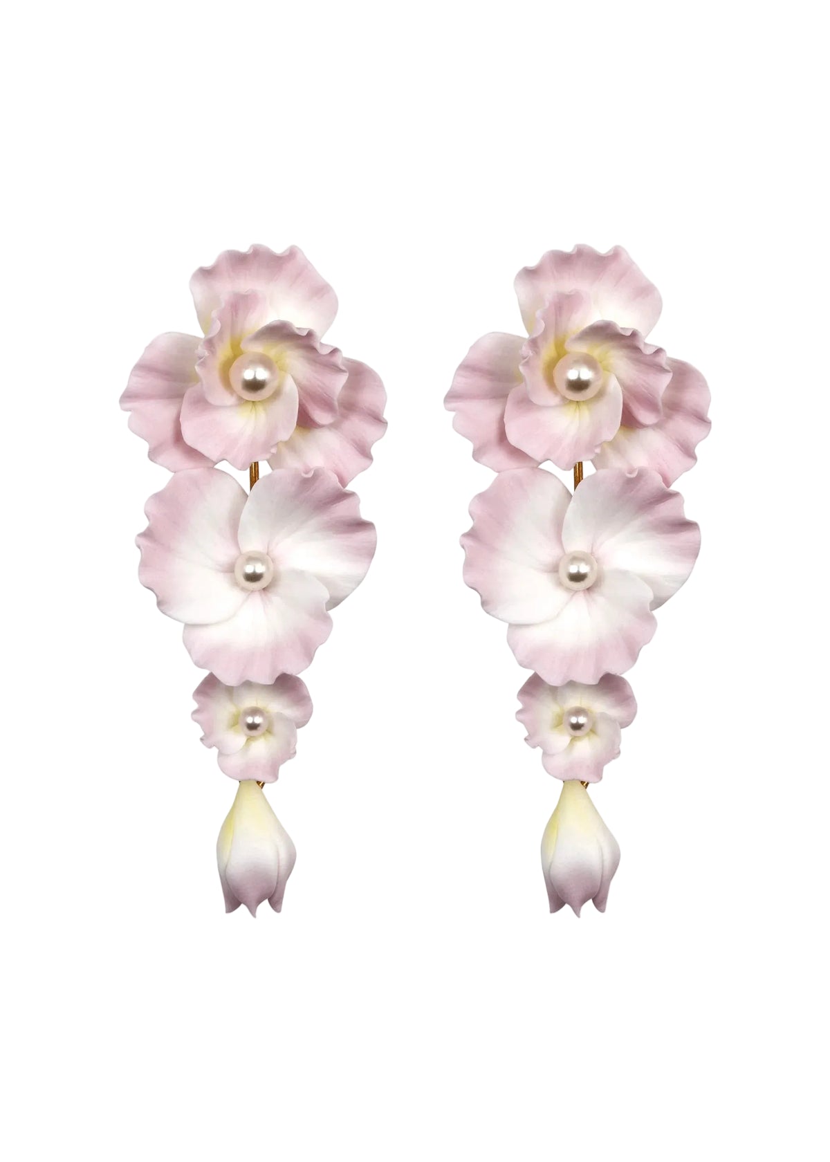Front view of Mariam earrings showcasing stacked peony-pink polymer clay flowers with pearl centers and drop bud on white