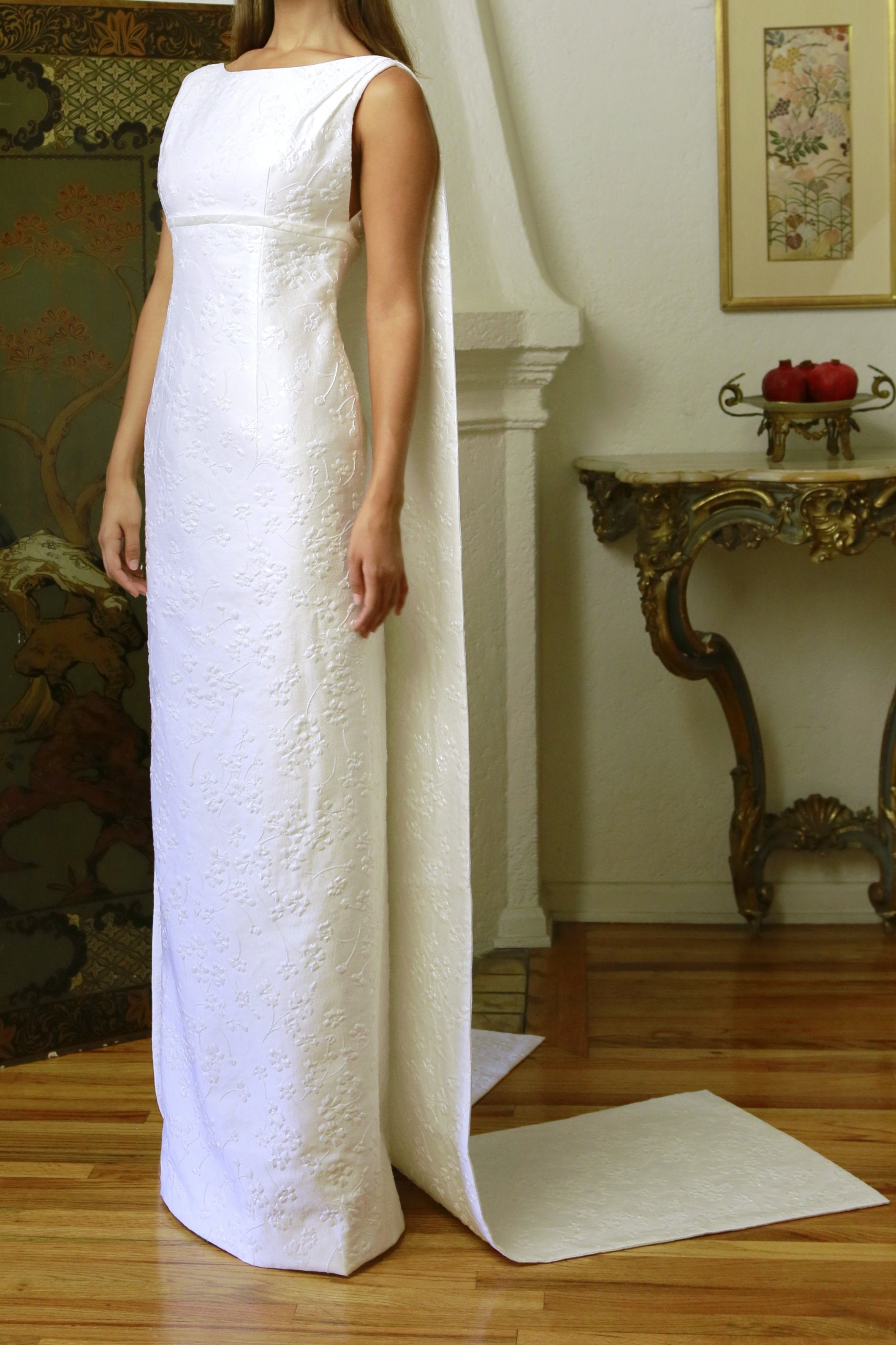 Bateau Neck Column Panel Back Gown in French White On White Brocade