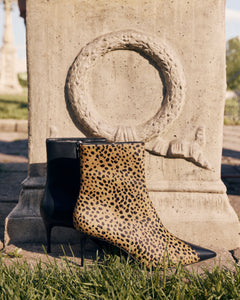Oblika 70 Boot in Camel Dotted Cheetah Pony Hair / Black Leather Mix