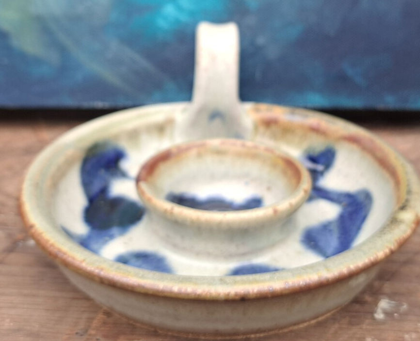 Blue Beige Stoneware Tealight Holder with Finger hold