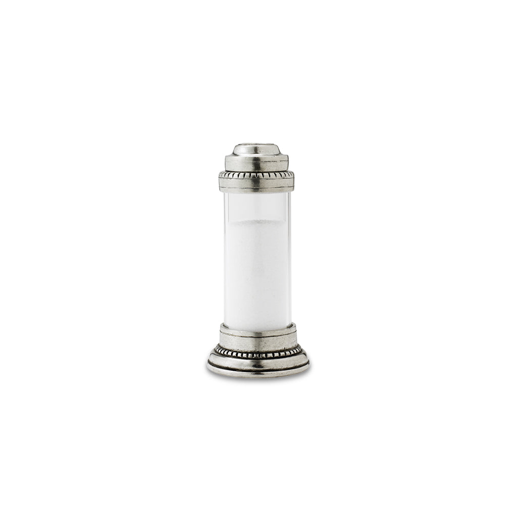 Front view of Toscana Salt Shaker showcasing a glass body and beaded pewter trim on a white background