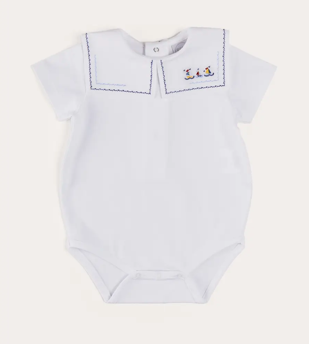 Boat Embroidery Statement Collar Short Sleeve Bodysuit in White (3mths-2yrs)