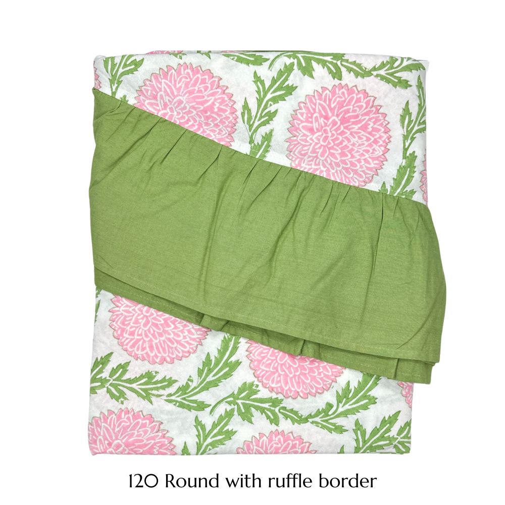 hand block printed pink flowers and green vines tablecloth 120 round with ruffle