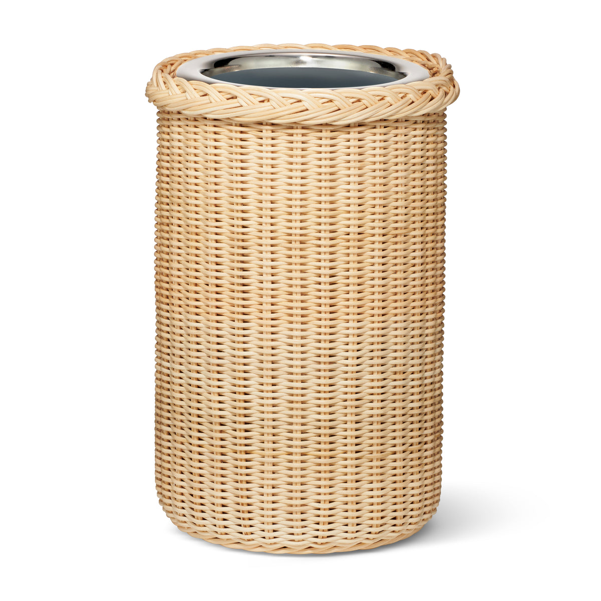 Front view of Freya Wicker Wine Cooler showcasing hand-woven wicker and stainless steel rim with a white background