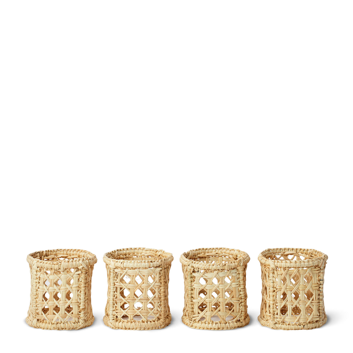 Front view of Eva Raffia Napkin Rings, Set of 4 showcasing hand-woven natural Iraca fiber against a white background