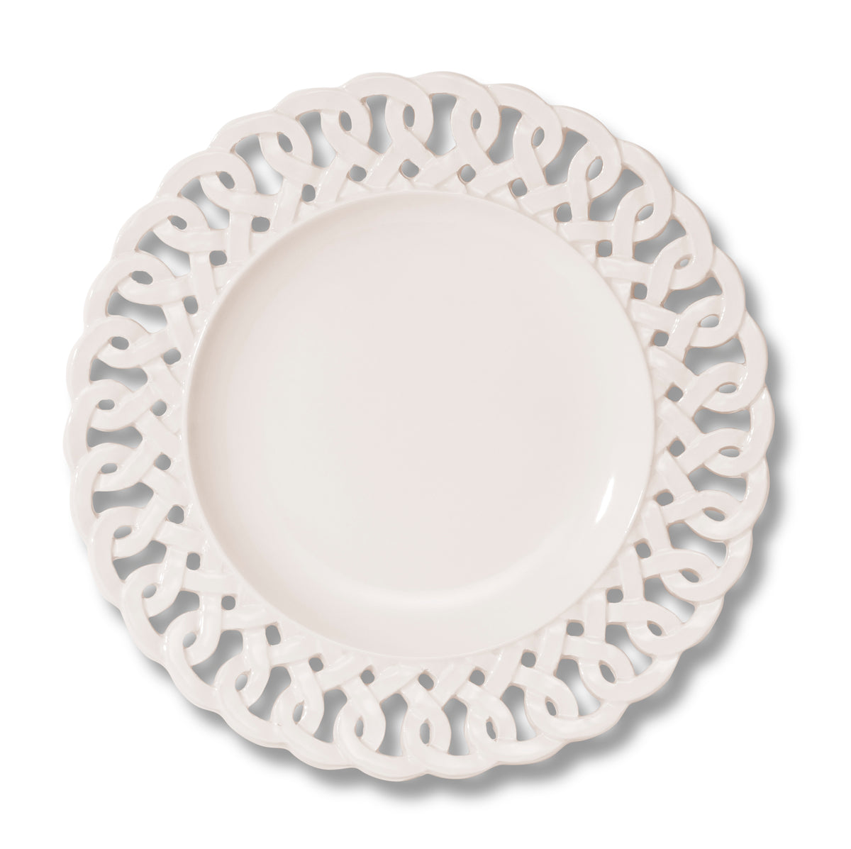 Top view of Paulette Bread Plate White showcasing intricate cutout border and glossy white glaze with a white background