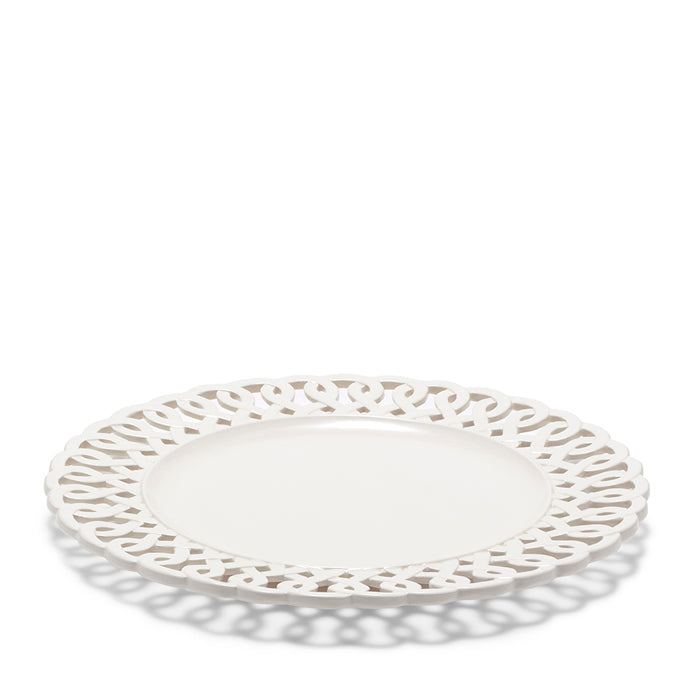 Three-quarter view of Paulette Bread Plate White showcasing intricate cutout rim with a white background