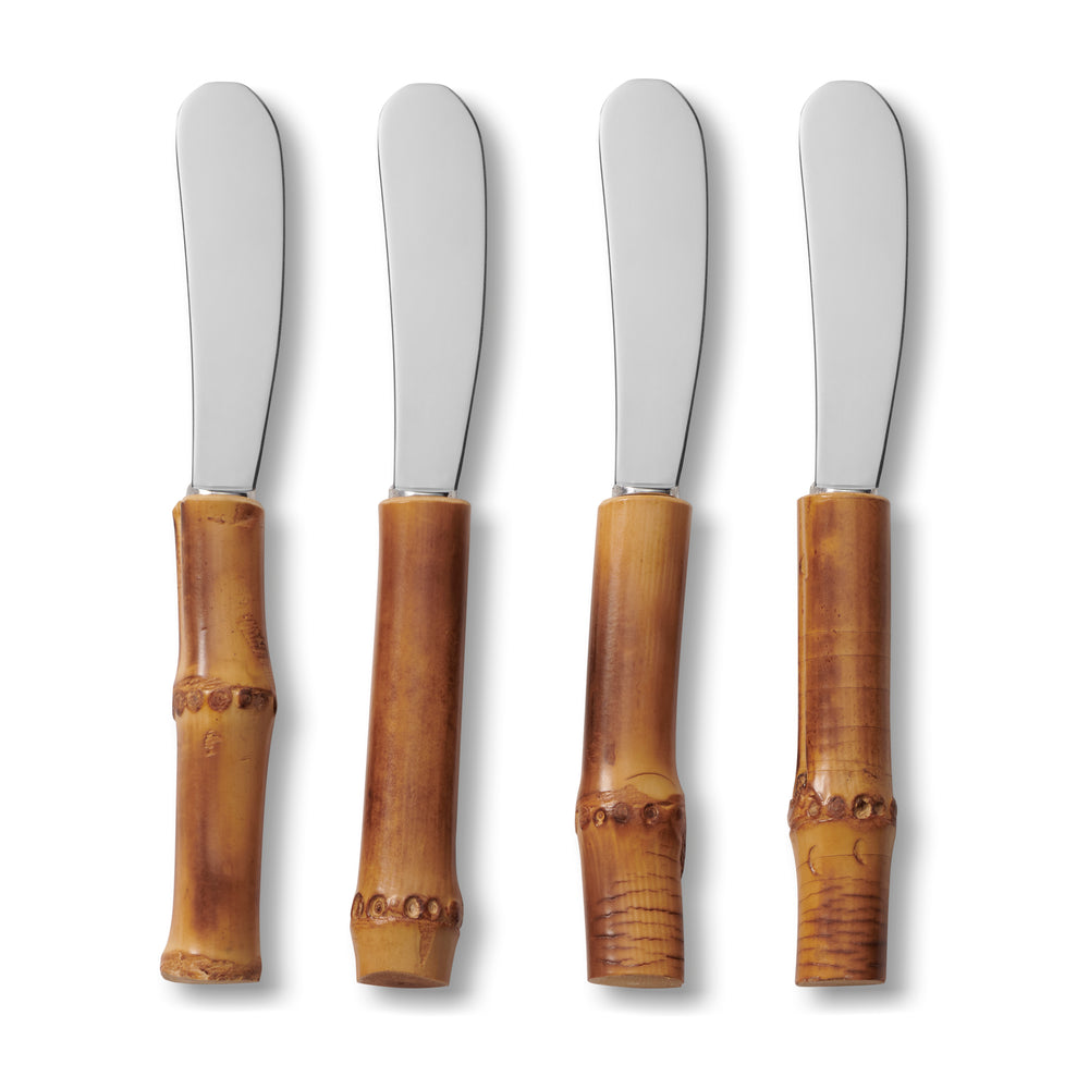 Front view of Bamboo Cheese Spreaders, Set of 4 showcasing bamboo handles and stainless steel blades with a white background