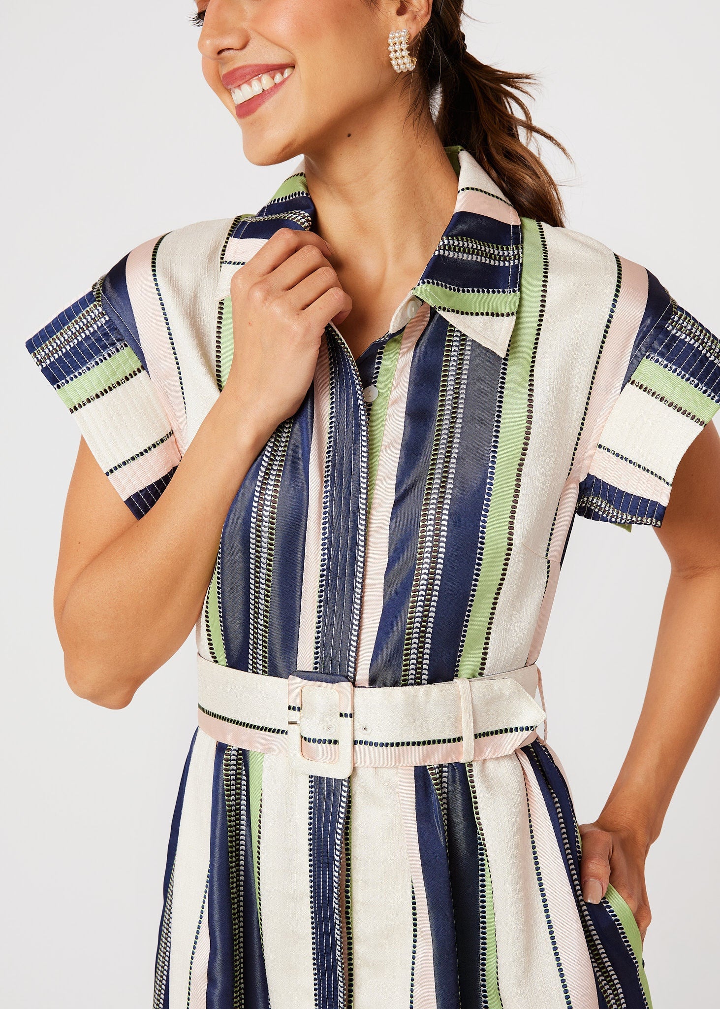 Harper Dress Navy Coastal Stripe Jacquard