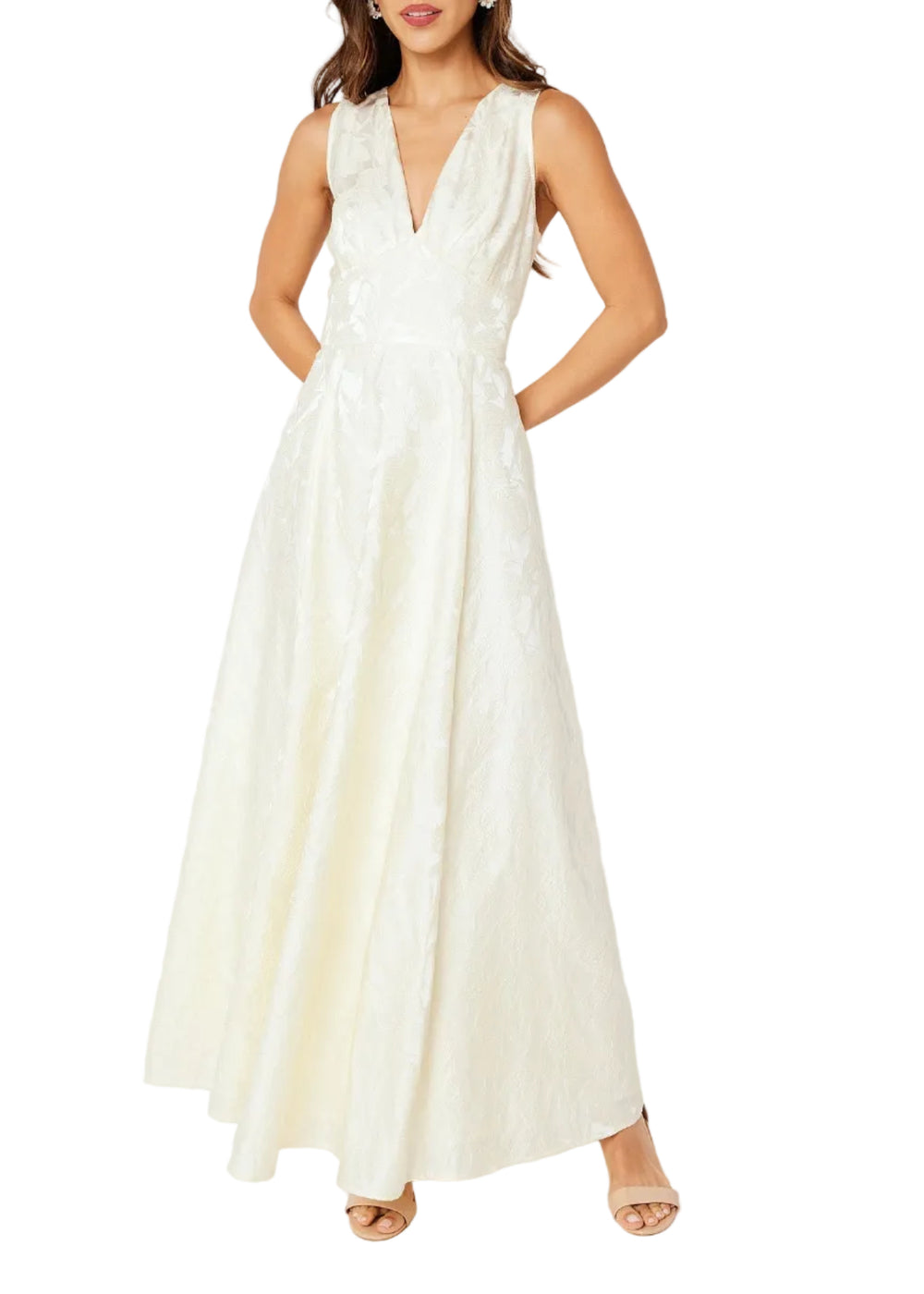 Front view of Martha gown in ivory garden embossed satin showing sleeveless V-neck and A-line skirt on model, white background