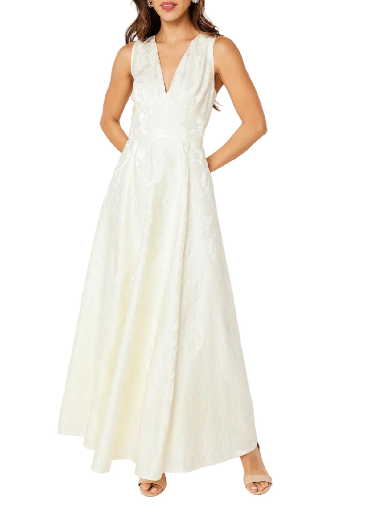 Front view of Martha gown in ivory garden embossed satin showing sleeveless V-neck and A-line skirt on model, white background