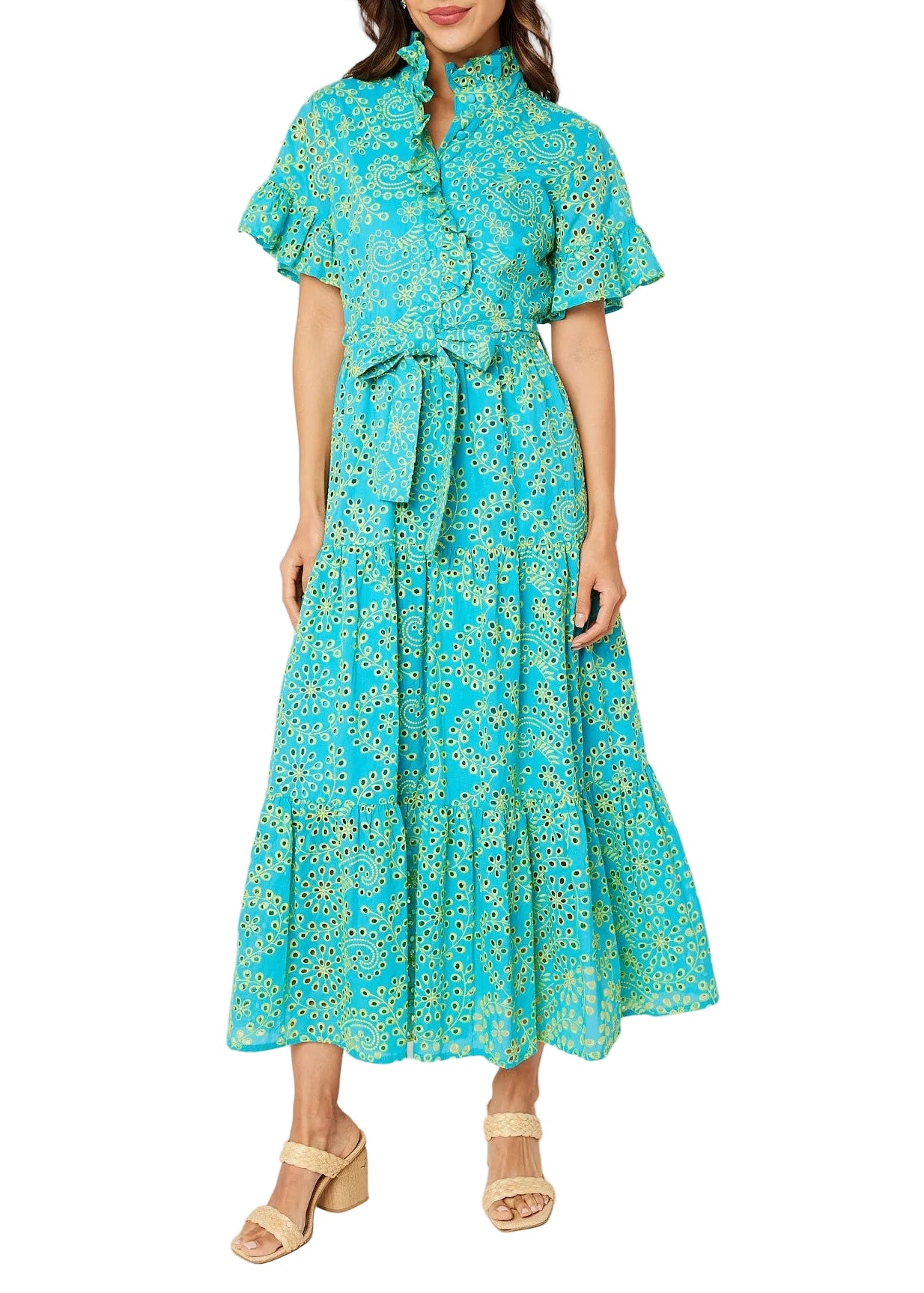 Sadie Maxi Dress Teal and Chartreuse Jasmine Eyelet
