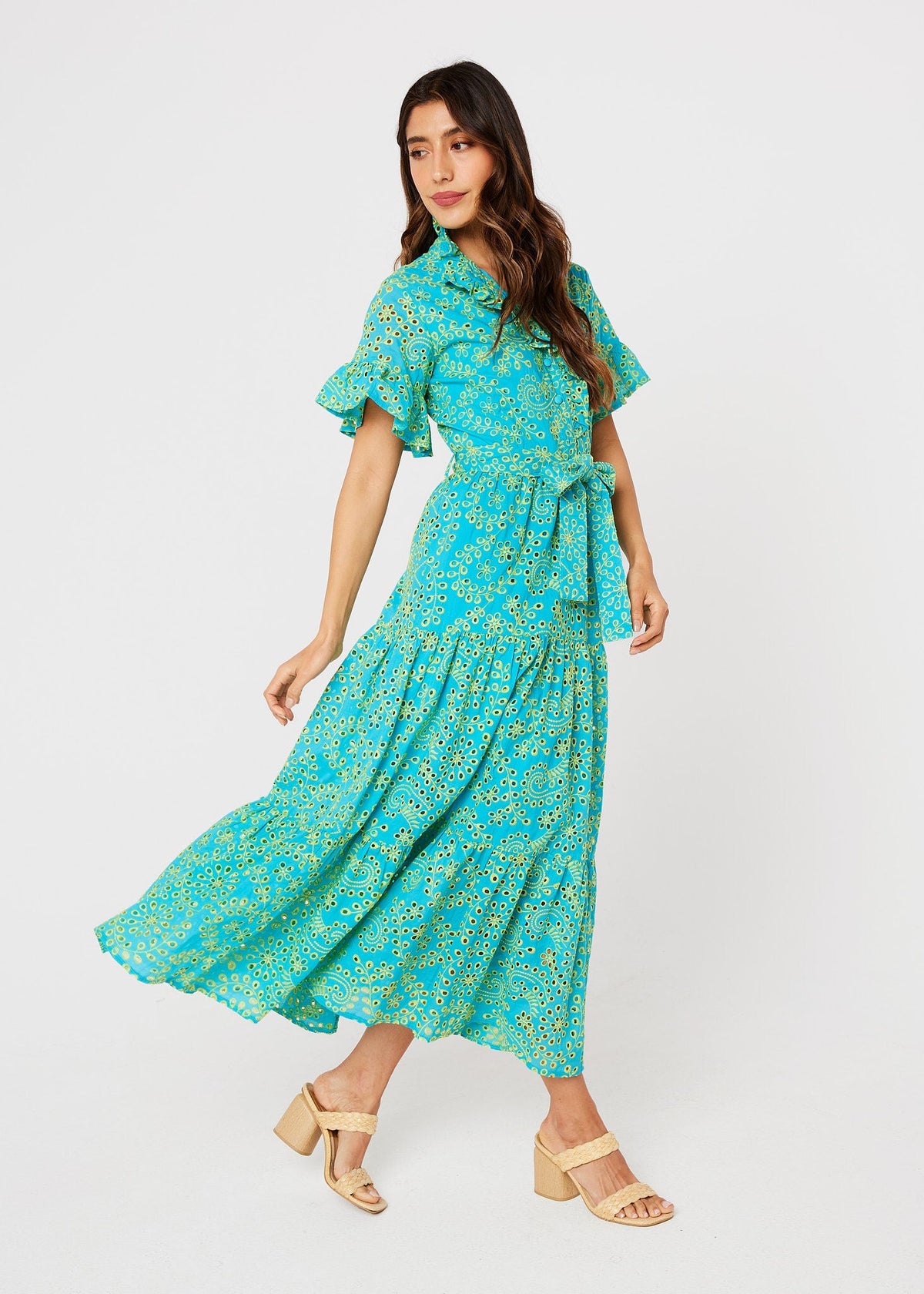Sadie Maxi Dress Teal and Chartreuse Jasmine Eyelet