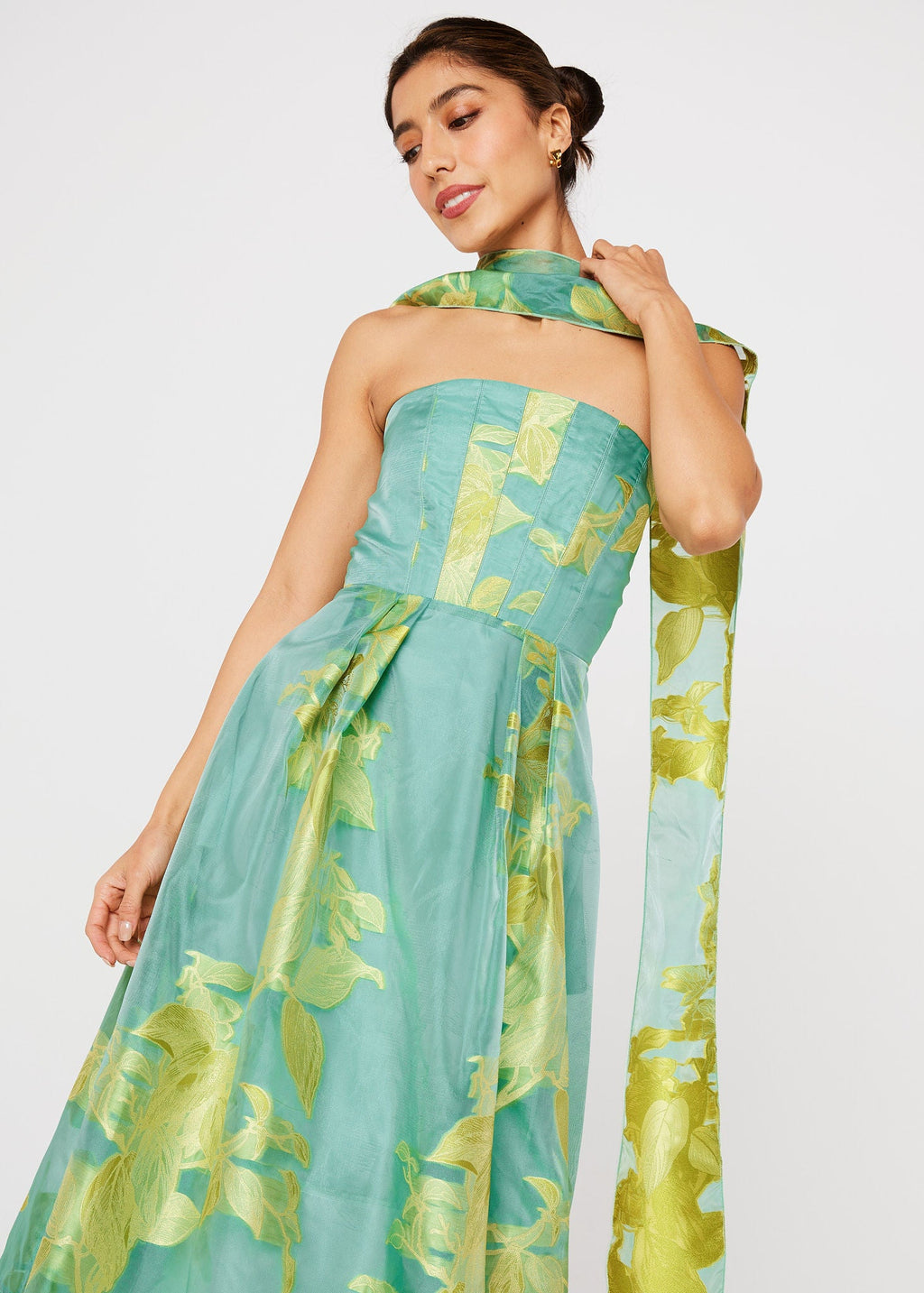 Catherine Gown Teal Leaf Organza