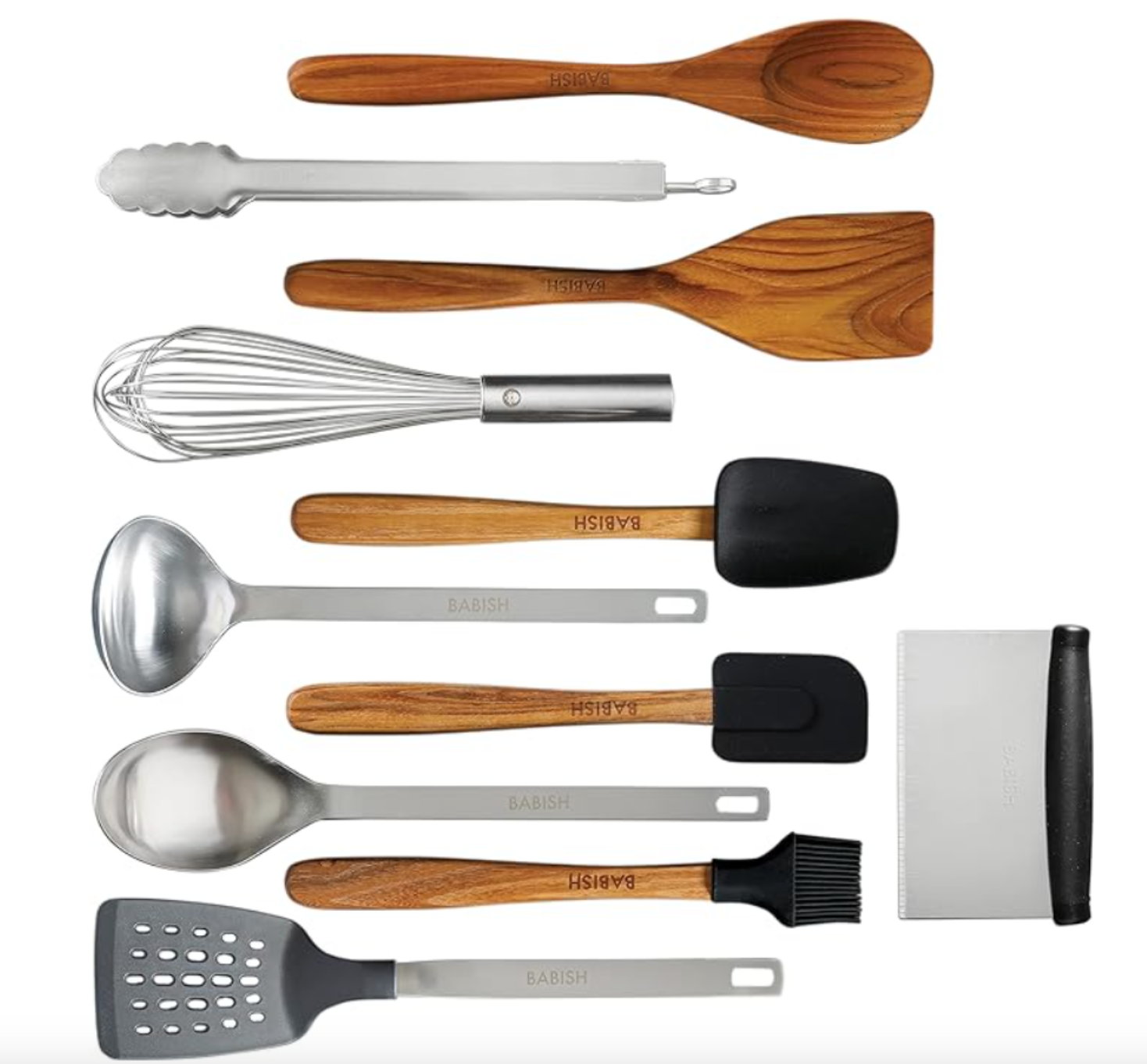 Babish 11 Piece Essential Teak Wood, Silicone, and Stainless Steel Tool Set