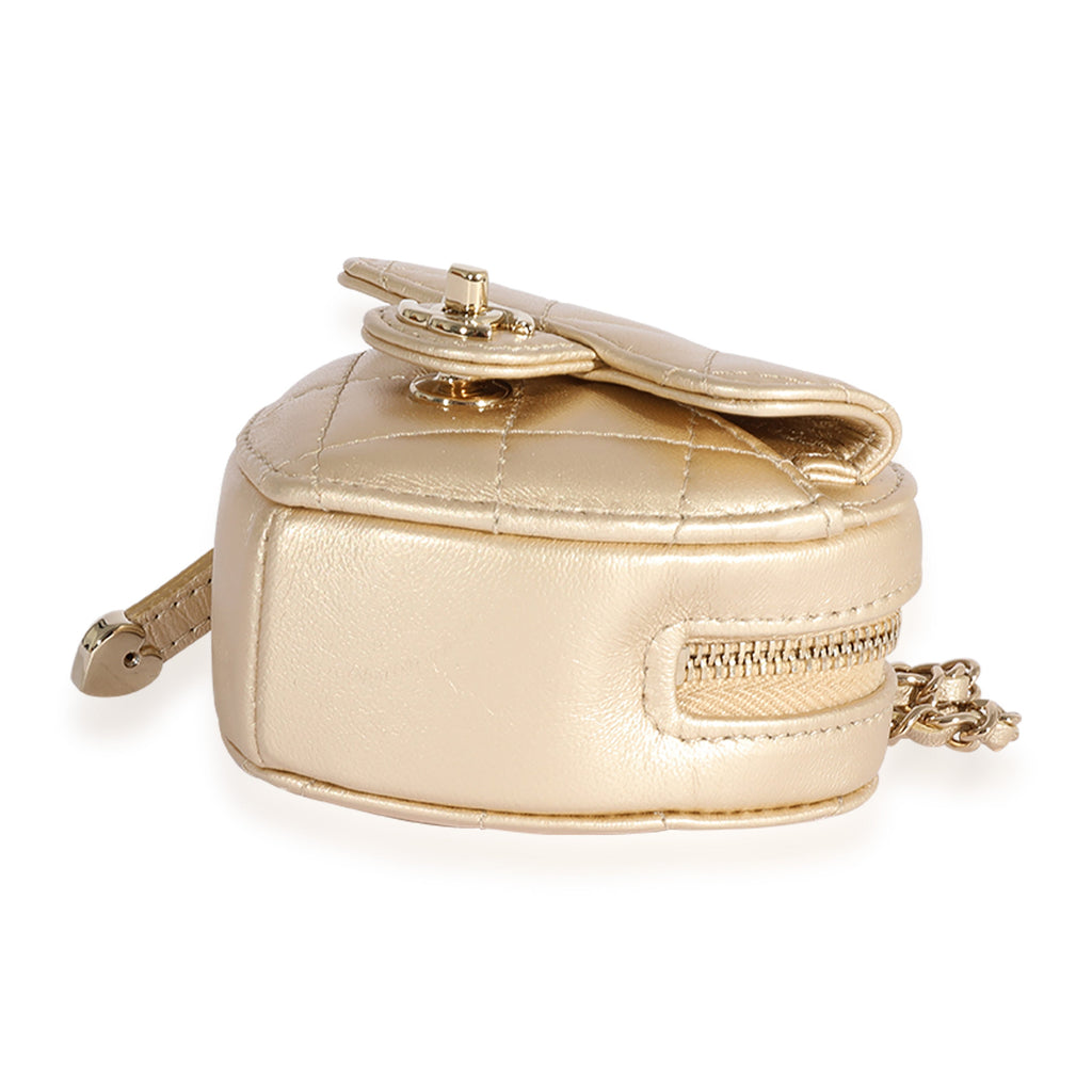 Chanel Metallic Gold Quilted Lambskin Heart Coin Purse Necklace Handbag clasp
