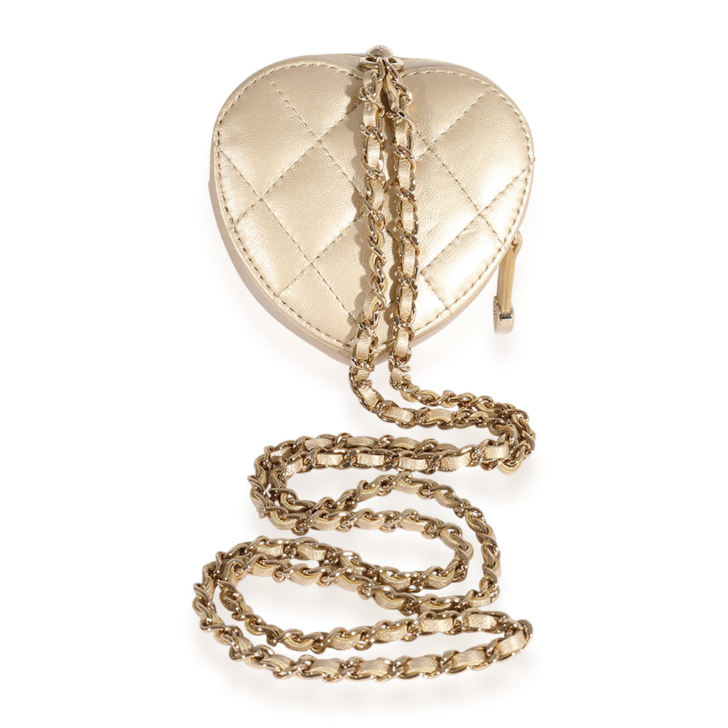 Chanel Metallic Gold Quilted Lambskin Heart Coin Purse Necklace Handbag pv