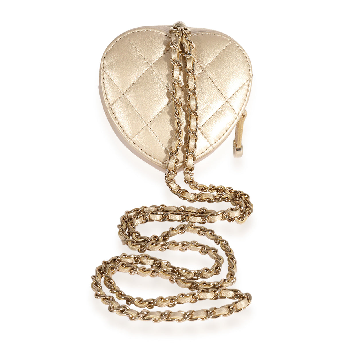 Chanel Metallic Gold Quilted Lambskin Heart Coin Purse Necklace Handbag pv