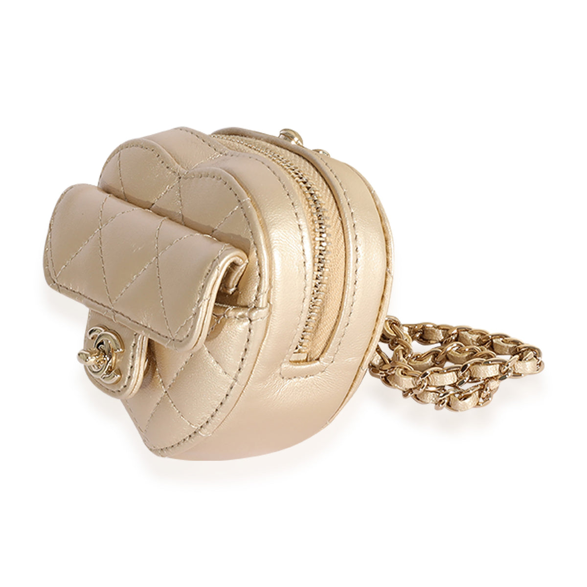 Chanel Metallic Gold Quilted Lambskin Heart Coin Purse Necklace Handbag sv
